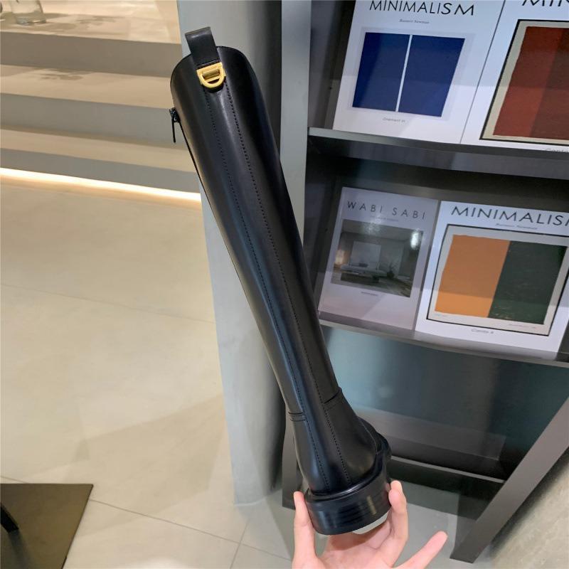 Cowhide Version~ Niche Leather Knight Boots Women's Winter Tall Boots Flat Bottom Side Zipper Locomotive Boots Long Boots