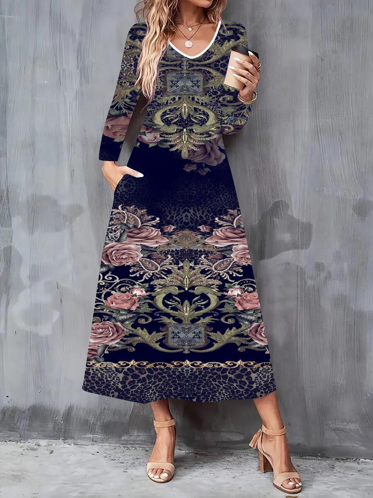 2025 Autumn and Winter New Women Casual Fashion Dress 3D Retro Totem Print Long Sleeve V-Neck A-Line Dresses