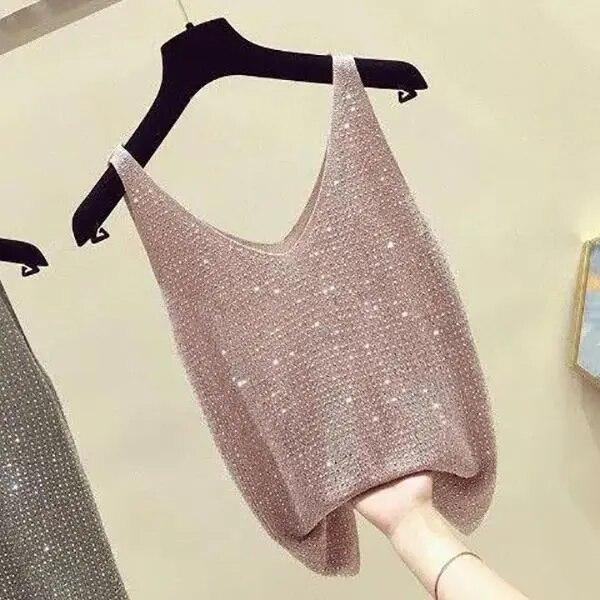 Summer Women's Ice Silk Diamond Camisole Loose Sleeveless V-neck Bottoming Shirt Tank Crop Tops