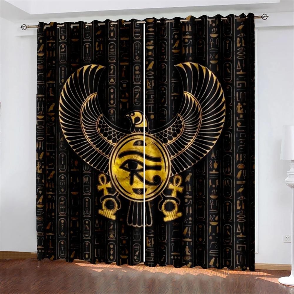Ancient Egypt Eyes African Pharaoh Lion Black Gold Light Filtering Window Drapes For Living Space Bedroom Space Window Drape Decor