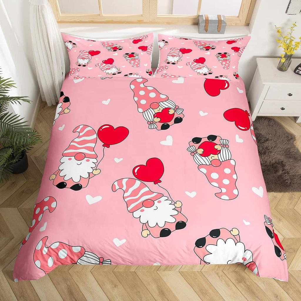 Valentine Day Duvet Cover King Queen Romantic Gnome Polyester Comforter Cover Red Heart Balloon Bedding Set For Lovers Couples