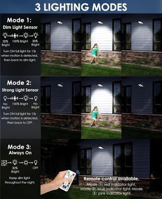 Solar-Bewegungsmelder-Leuchten für den Außenbereich, 70 LEDs, 3 Farbtemperaturen, USB & Fernbedienung, 4er-Pack für Zaun, Garage, Dachrinne