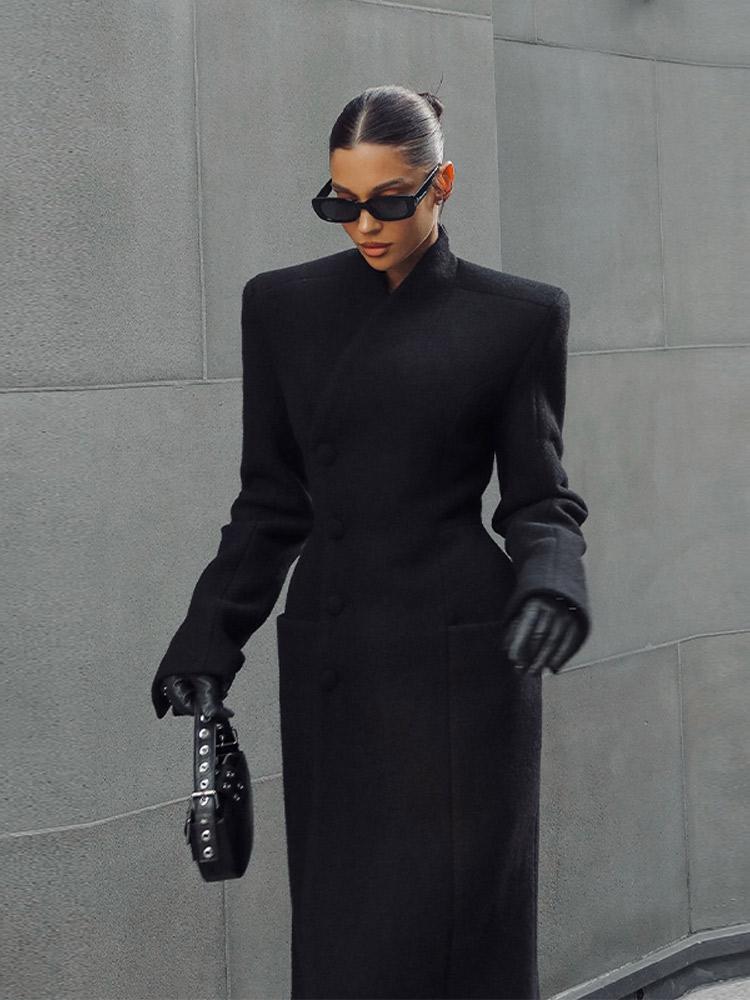 Damen Einreihiger Taillenbetonter Schultergepolsterter Mantel Damen Langer Modischer Warmer Mantel Schwarz 2025 Neue Kollektion
