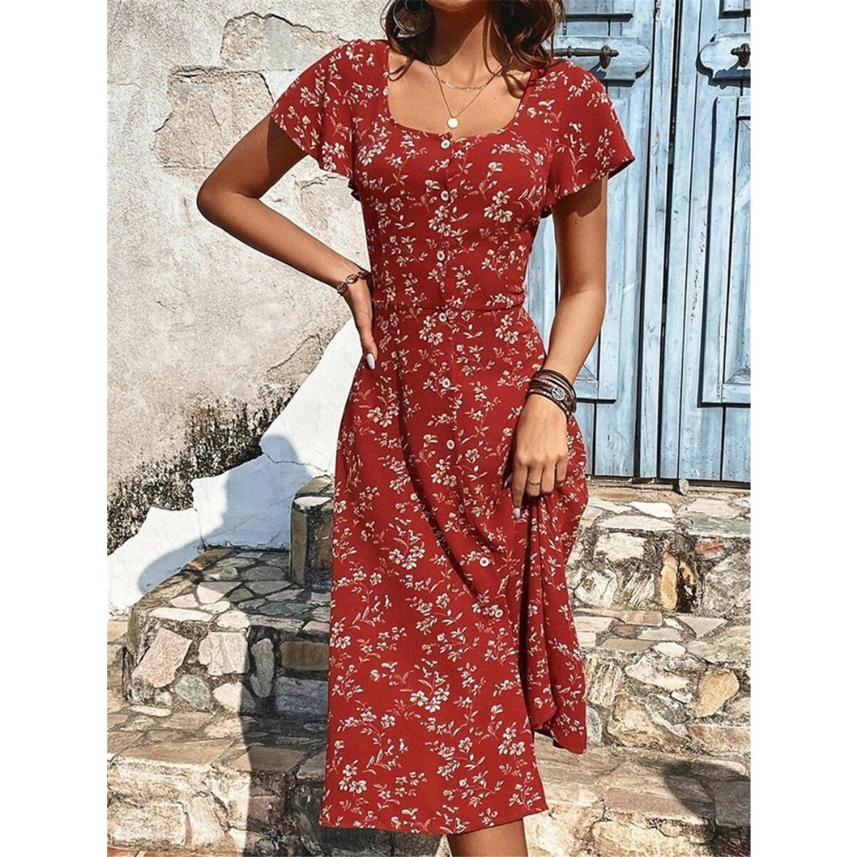 Women s Square Neck Short Sleeve Floral Print A Line Midi Dress Casual Button Split Flowy Dress S бордовый