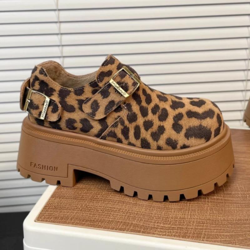 Women Leopard Loafers Shoes Platform Fur Snow Boots Winter Suede Plush High Heels Shoes 2025 Trend Casual Fashion Botas Mujer