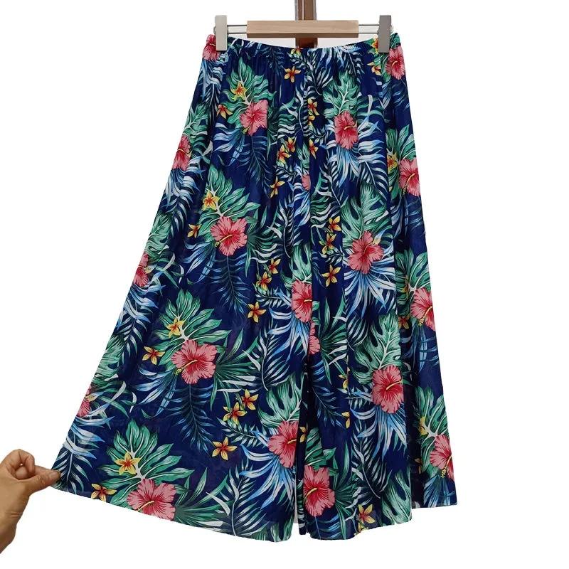 WTEMPO Kadın İlkbahar Yaz Sonbahar Büyük Beden Elastik Yüksek Bel Geniş Paça Pantolon Bol Rahat Çiçek Baskılı İnce Kırpılmış Pantolon
