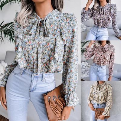 Camicia da donna casual autunnale e invernale con lacci, volant e fiori in chiffon
