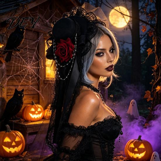Comic Exhibition Headdress Gothic Halloween with Rose And Chain Decoration, Mini Bowler Hat, Headpiece Retro Small Top Hat Hair Clip for Party Cosplay