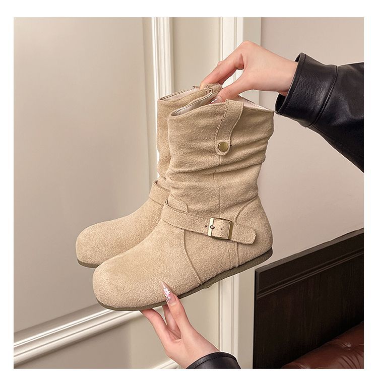 Huge good-looking khaki retro flat bottom inner heightening pile boots women's new autumn skirt Birkenstock short boots