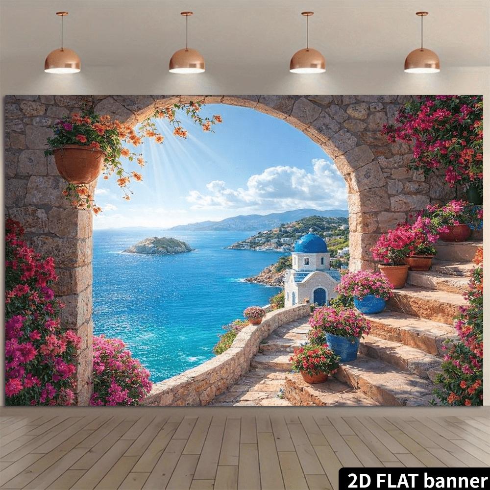 2D planar stone-step blue-roofed church with sea-view background fabric. Santorini style theme featuring winding stone steps.