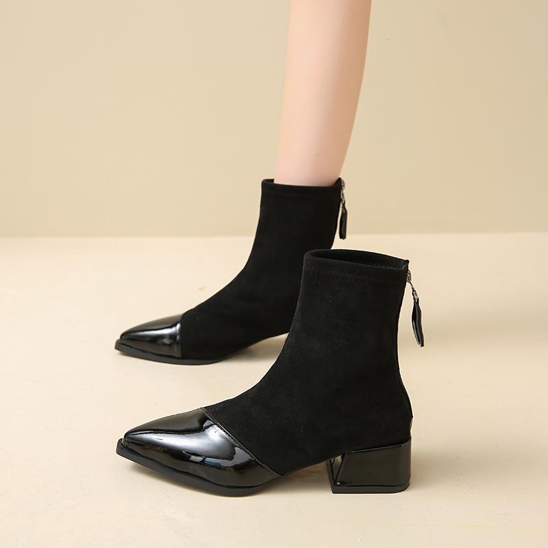 Fashion Winter New Coarse Heel Cotton Boots Women's Pointed Back Zipper Splicing Suede Anti-slip Wear-resistant Short Boots