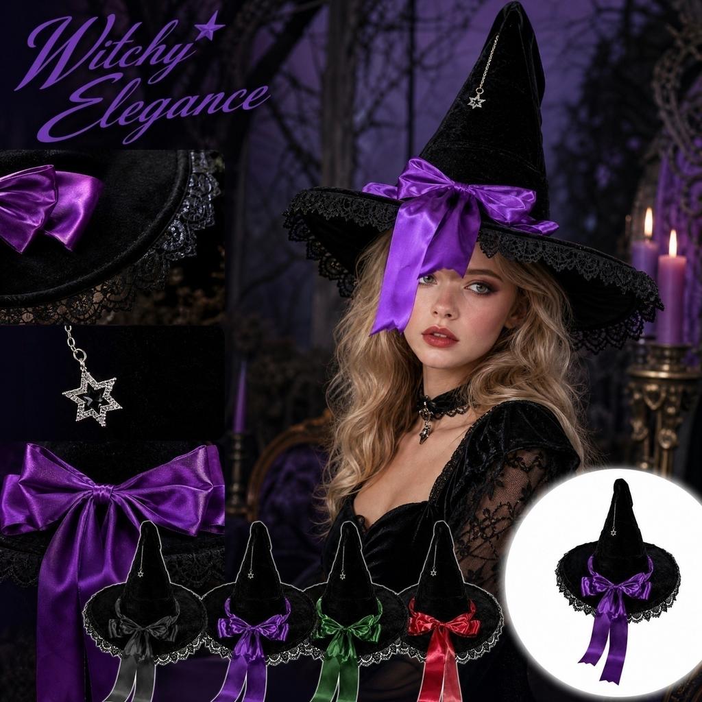 Women's Pointed Witch Hat with Velvet and Wide for Halloween Gothic Costume