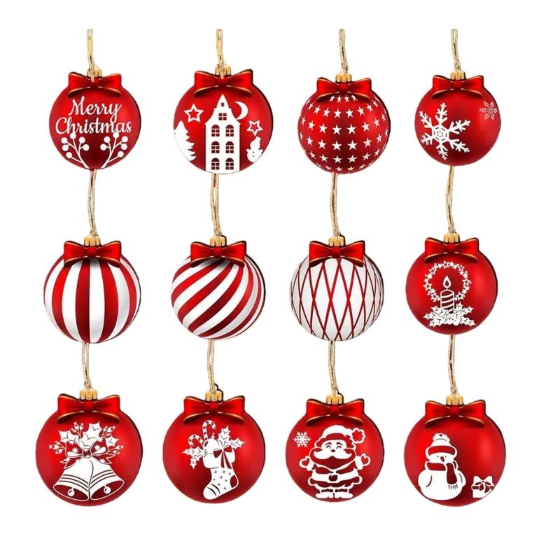 Packung mit 12 natürlichen Holz-Rotkugel-Weihnachtsbaumschmuck Hängedekoration für Baum Wand Feierparty Zubehör