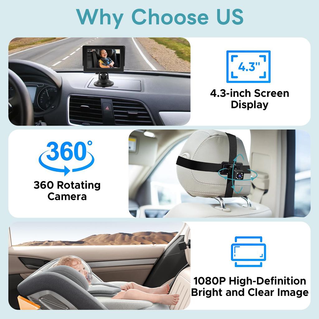 Baby Car Camera 4.3 Night Vision 150 degrees Wide Viewing Angle 360 degrees Rotation Rear Facing Seat Mirror for