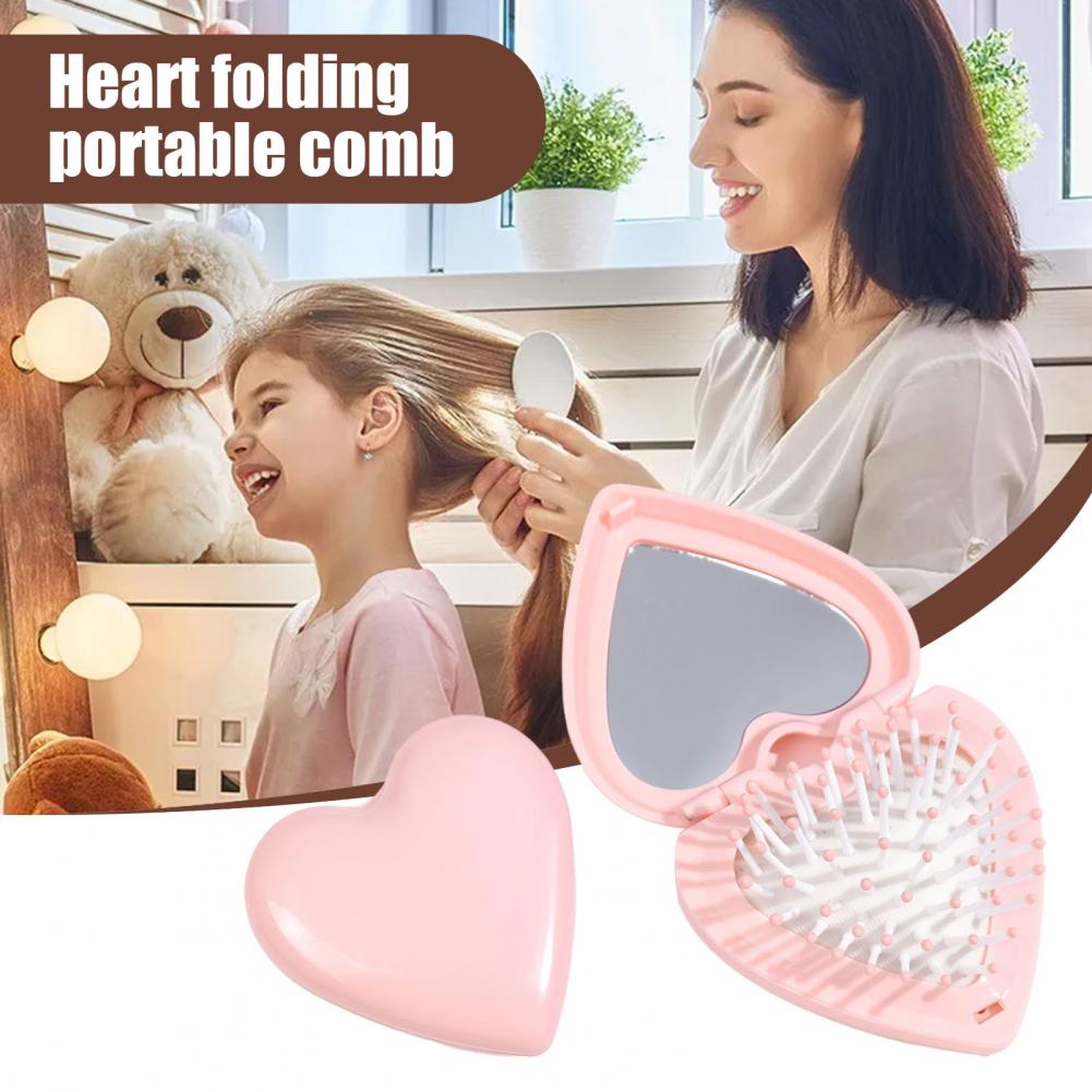 Heart Hair Brush with Mirror 2 In 1 Soft Bristles Scalp Massage Folding Brush Anti Static Comb Hair Styling Tools