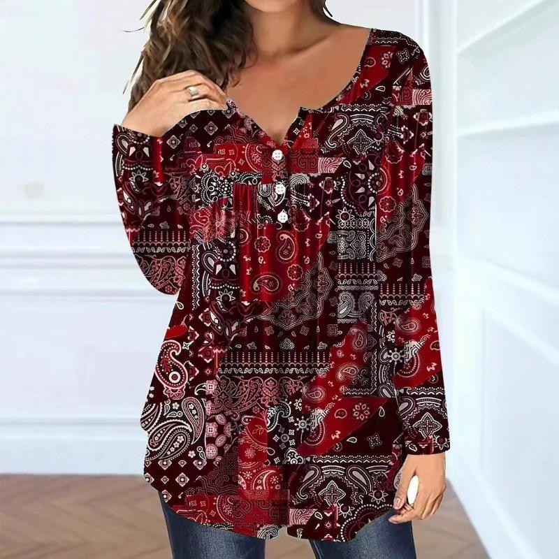 Women Paisley Print V Neck Long Sleeve Blouse XL красный