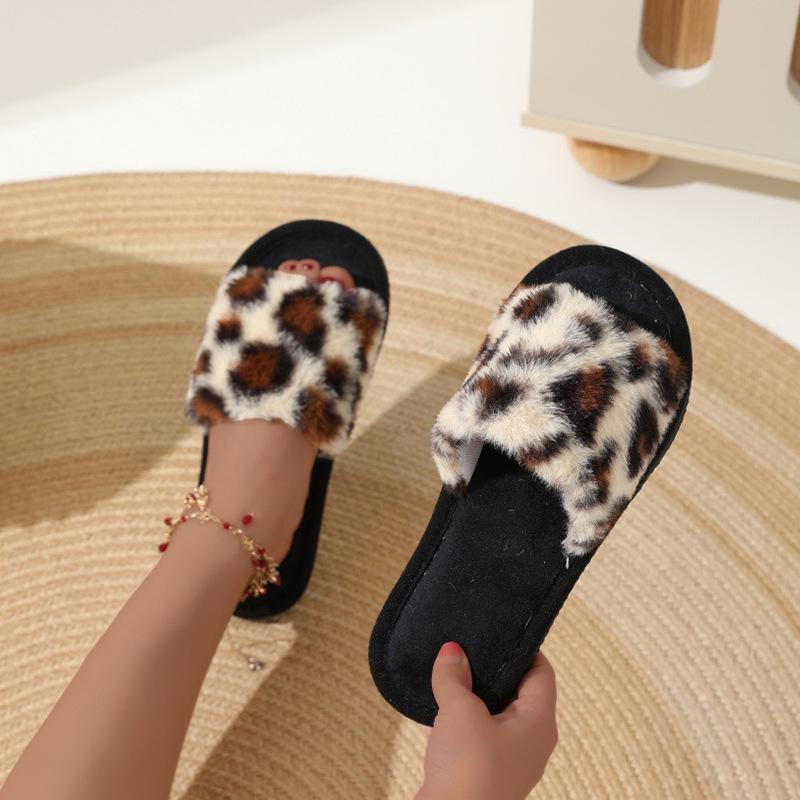 Womens Autumn and Winter Leopard Print Slippers for Home Warmth