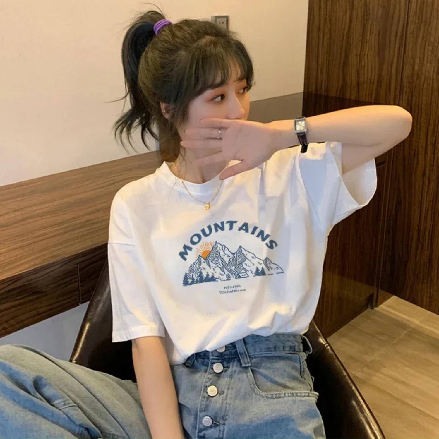 

White Short Sleeve T-Shirt Women Summer New Print Pure Cotton Loose Fashionable Inner Wear Ins Trend Crew Neck T-Shirt XXXXXL