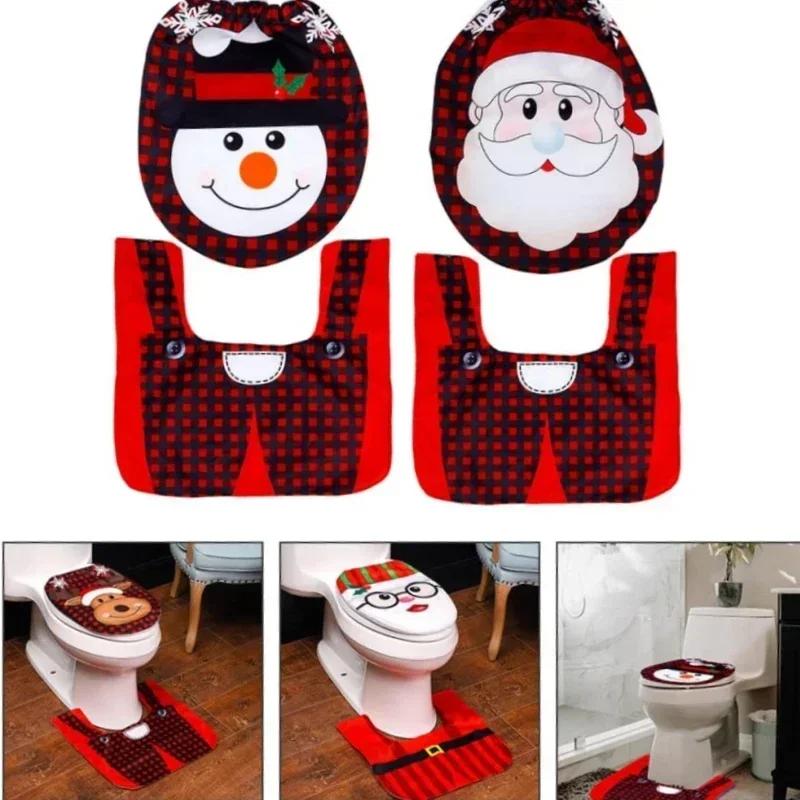 Christmas Toilet Lid Cover Non-Slip Rug Santa Claus Snowman Pattern New Year Xmas Atmosphere Decoration Bathroom Accessories