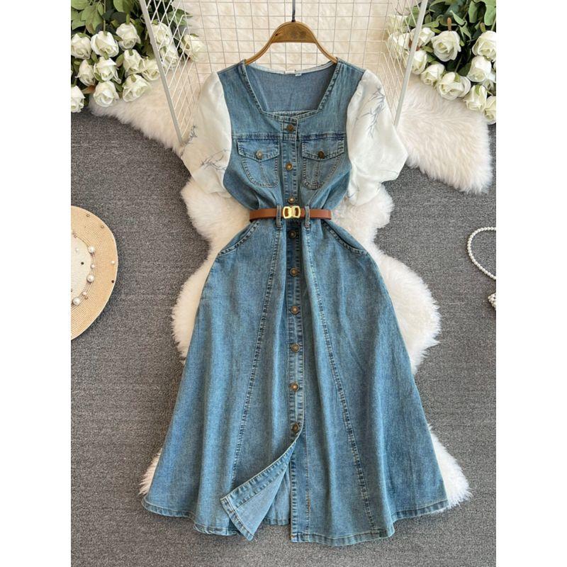 Lyocell Denim Dress Summer Dress 2025 New Patchwork Puff Sleeves Tight Waist Mid Length Long Length below the Knee plus Size Skirt