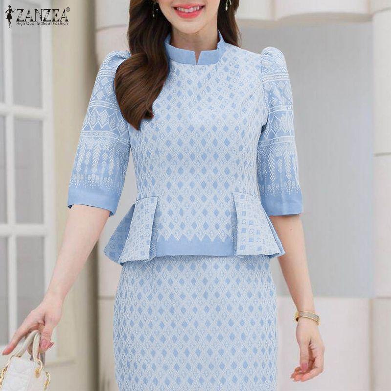 ZANZEA Women Casual Stand Collar Loose Half Sleeve Print Blouse