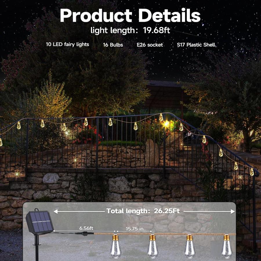 Solar Outdoor String Lights 20Ft  Rope Hemp Solar Patio Lights Waterproof Warm White Solar Powered String Lights With 8 Modes 1