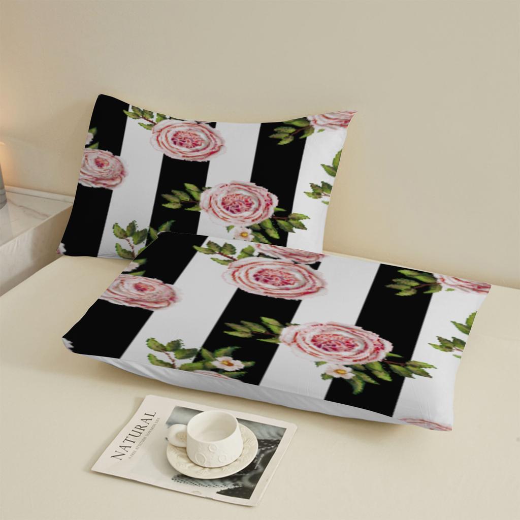 3pcs Fitted Sheet Set Black And White Stripes With Pink Flowers Bed Sheet With Pillowcases For Bedroom Decor