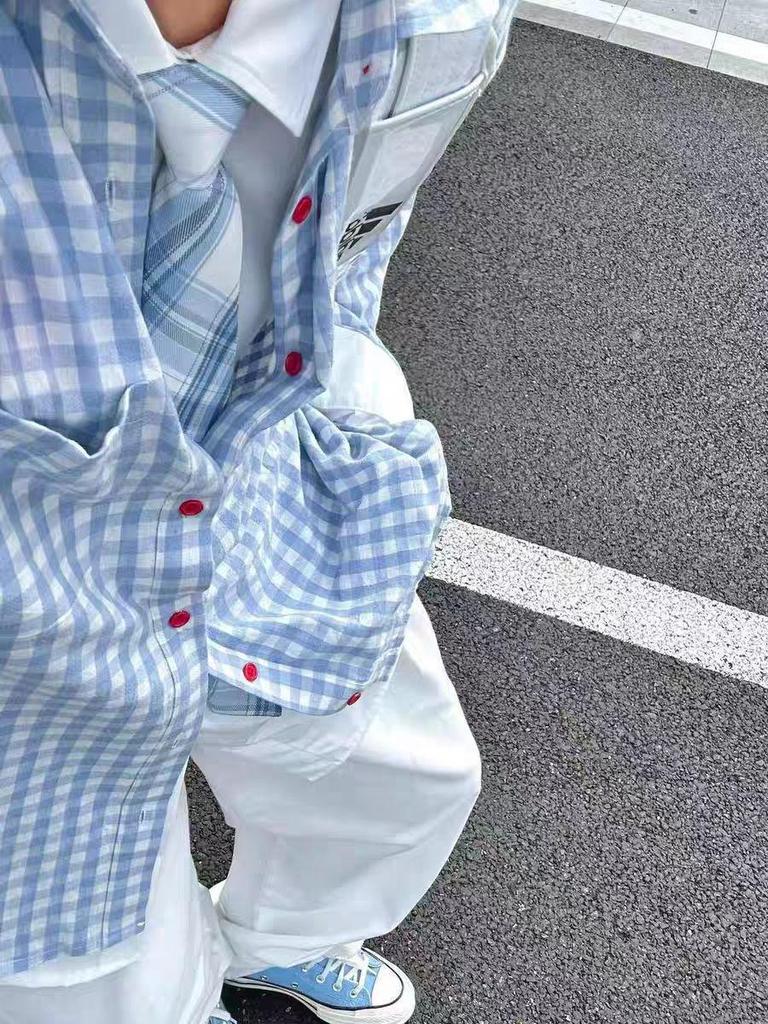 2025 Women's Retro Blue Plaid Shirt Jacket - Loose Fit, Long Sleeve for Spring & Autumn