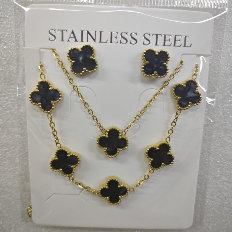 13mm Clover Pendant Necklace Bracelet Earring Set 18K Gold Plated Stainless Steel Jewelry Women Men