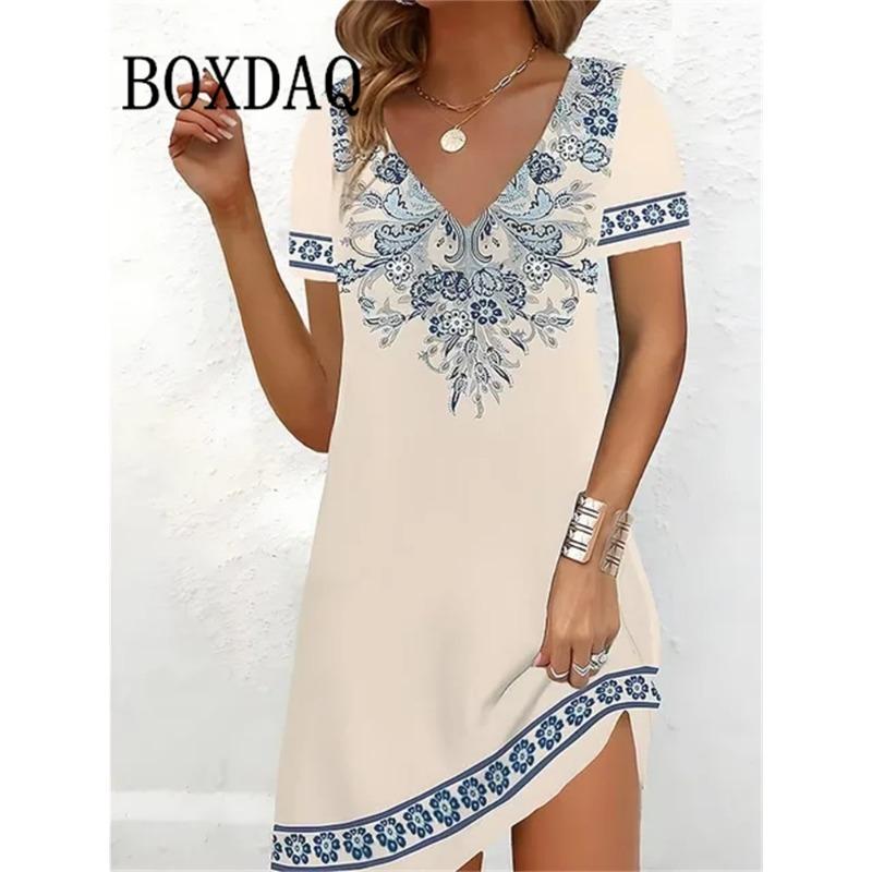 Mode Übergröße Kleid Lässig Locker V-Ausschnitt Damen Sommer Print Party Damen Neu Sommer Pullover Kurzarm Kleid
