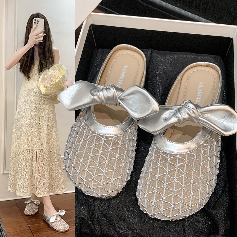 French flat-bottom bow fishing net bag head half slippers women's summer wear 2025 new one-pedal single shoes sandals