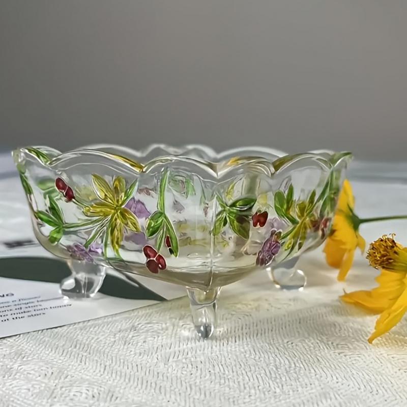 Hand Drawn Colored Glass Jar - Grape Carving, Square Retro Candy Jar, Ashtray, Relief Storage Jar, Jewelry Box & Decorative Bowl