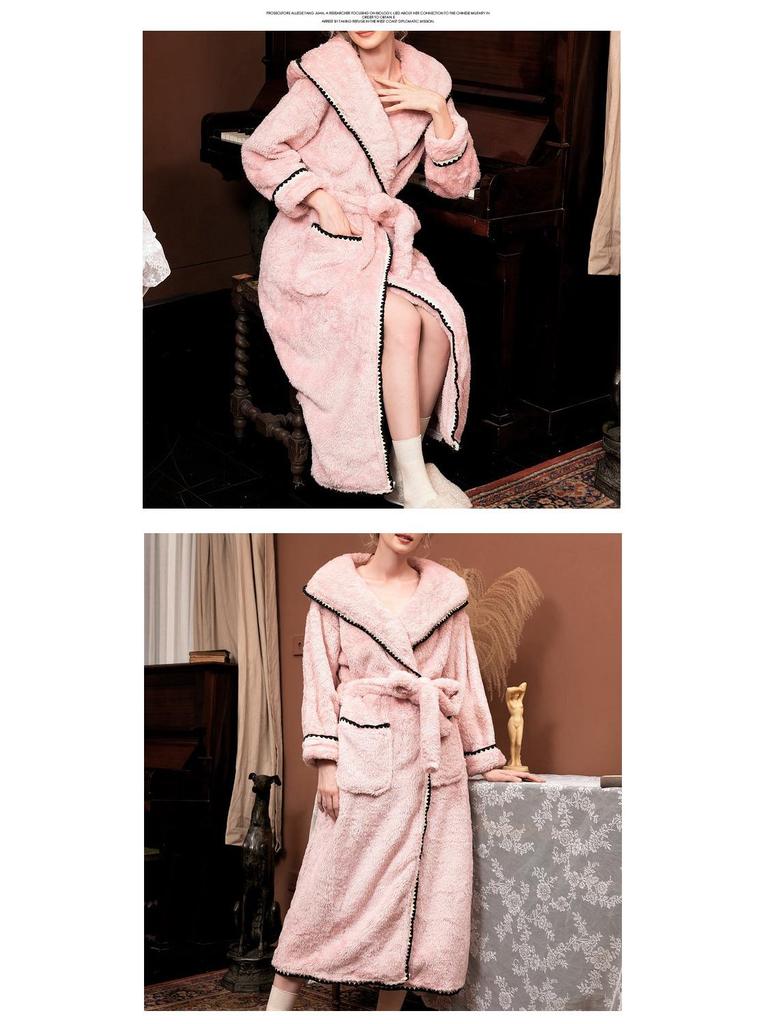 Damen Korallenfleece Kapuzenbademantel - Dick, Warm, Lang, Einfarbig für Herbst & Winter