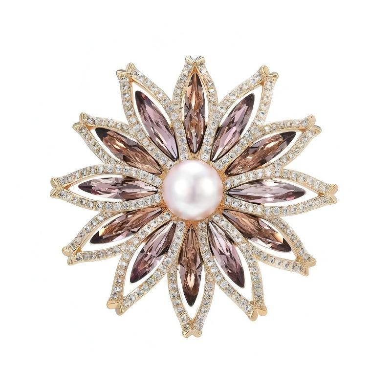 Fashionable Crystal Hollowed-out Sunflower Brooch, Elegant and Refined Pearl Brooch with A Light Luxury Design Sense