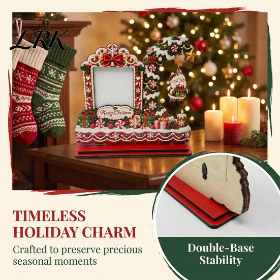 Seasonal Home Decor Christmas Wooden Photo Frame, 2D Picture Holder with Santa Snowman & Holiday Storage Snowflake Pendant, Family Display Frame