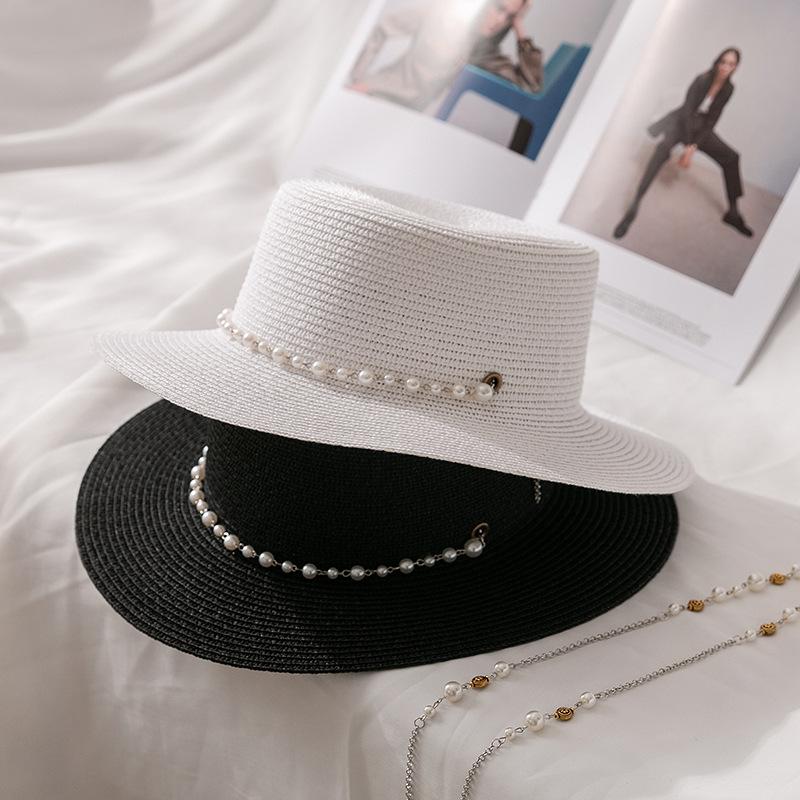 Summer Straw Sun Hat for Women - Faux Pearl Decorated, Stylish Protection for Face and Neck, Perfect for Outdoor Activities