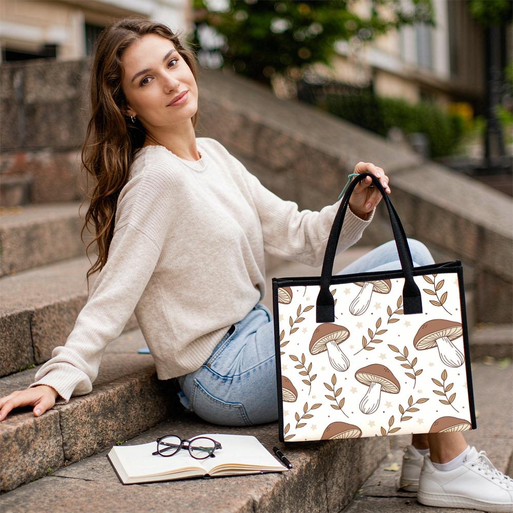 Cute Mushroom Print Tote Bag Casual Reusable Shopping Handbag for Daily Use