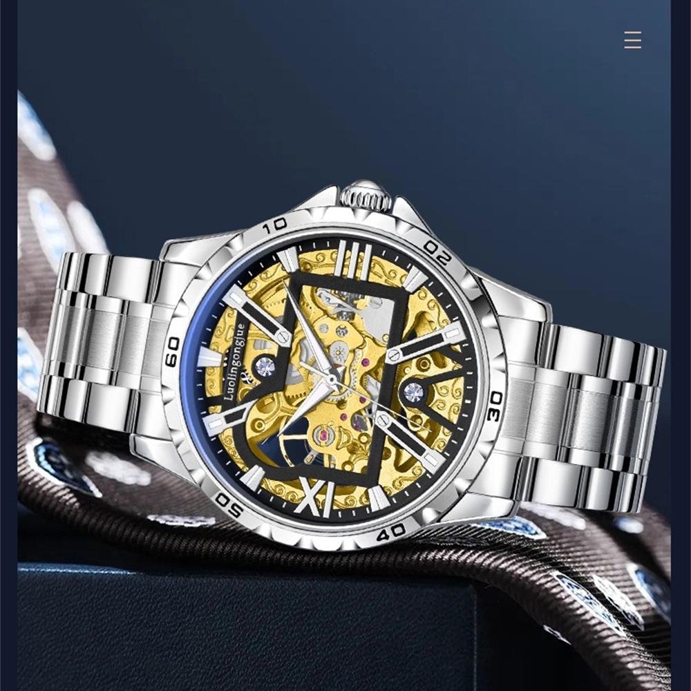 New Luxury Skeleton Automatic Mechanical Watch for Men Luminous Hands Stainless Steel Strap Retro Business Watches