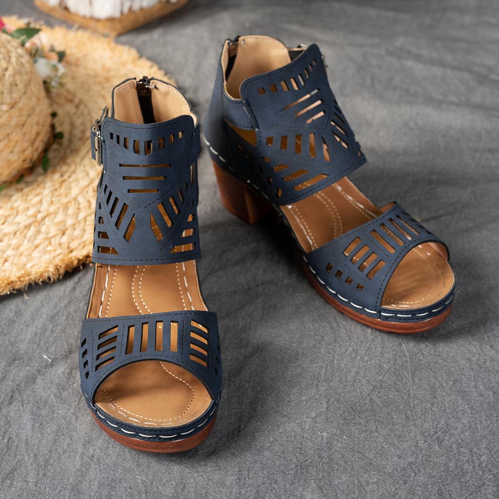 Women's Western Style Cutout Sandals, Chunky Heel Dressy Evening Shoes, Breathable Open-Toe Heels Wide Width Available