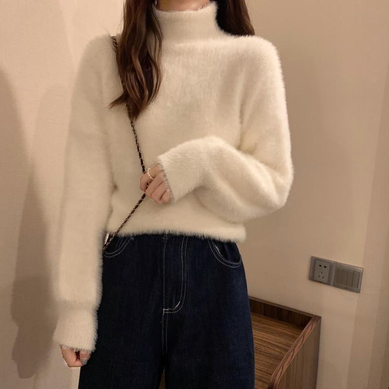 Winter Imitate Mink Wool Fleecing Female Turtleneck Elastic Casual Sweater Women Knitted Tops Pullovers Soft Warm