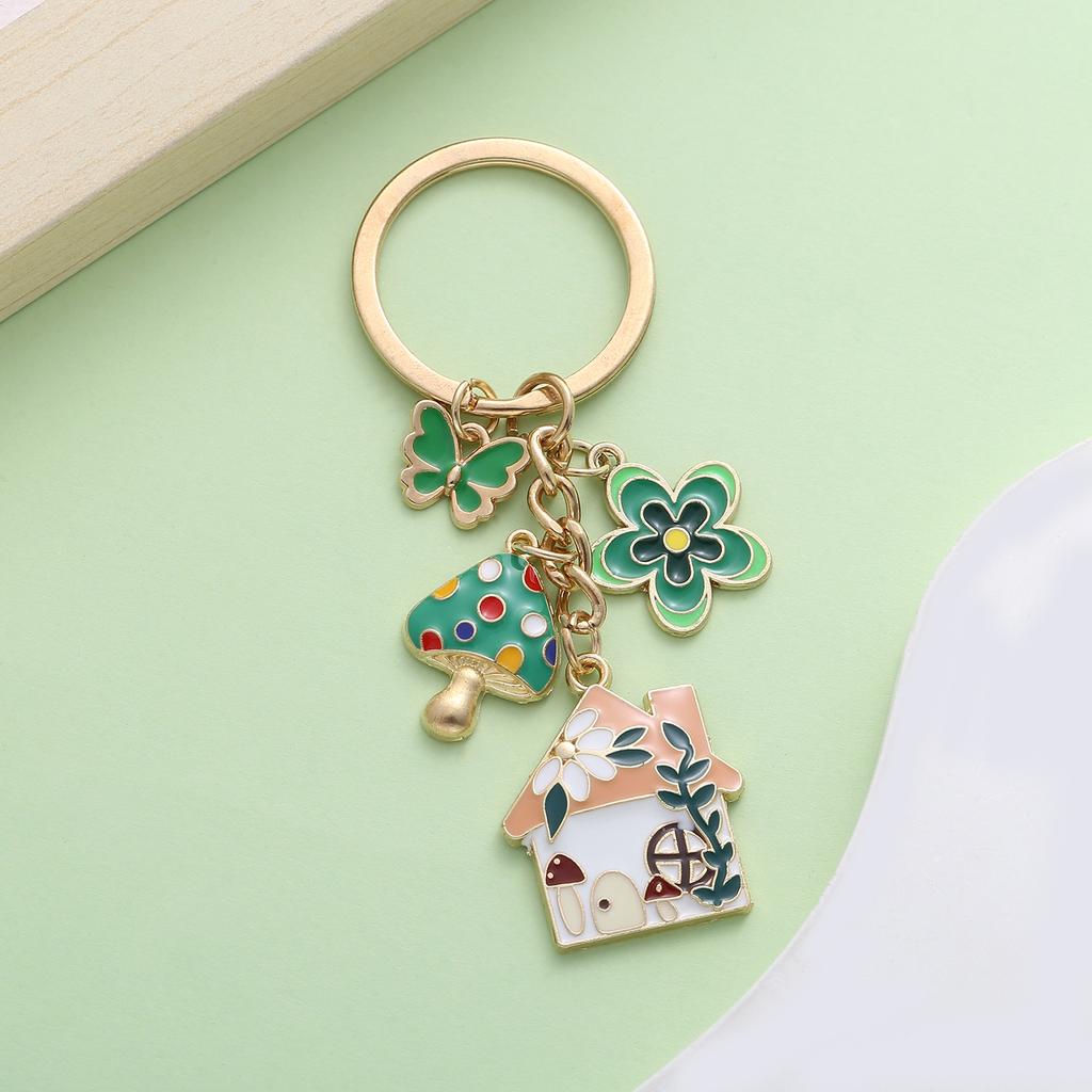 1pc Colorful Fairy Tale Keychain, Enamel Mushroom House Flower Butterfly Charms Key Ring, For Car Keys, Backpacks, Wallets