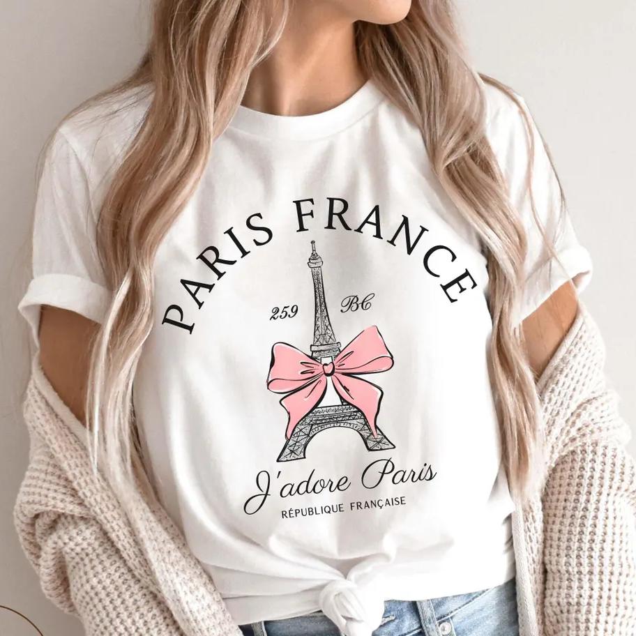 Eiffel Tower Shirt Paris T-shirt Pink Rose Floral Eiffel Tower Vintage Paris Gift French Paris Souvenir Women Clothing Fashion