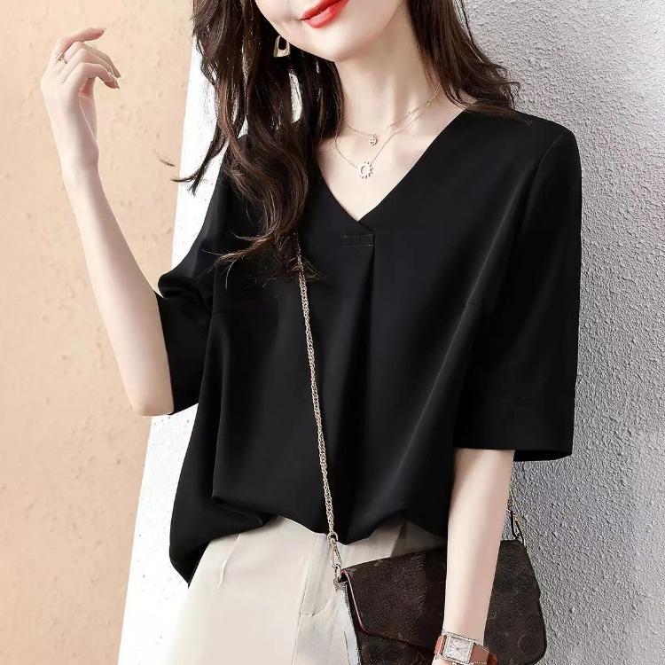 Letní top s výstřihem do V z šifonu pro ženy, volná halenka s krátkým rukávem s elegantním řasením