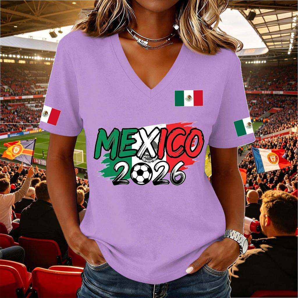 Women's Casual V Neck Pullover Short Sleeve Top Soccer National Flag Print Support Shirt Mexico 2026 Design Lightweight Comfortable Fit