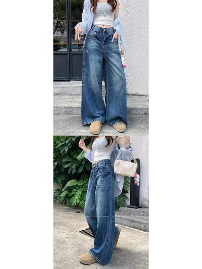 American Retro Wide-Leg Jeans for Women - Plus Size, Korean Style, Loose Fit, Floor-Length Pants for Autumn and Winter