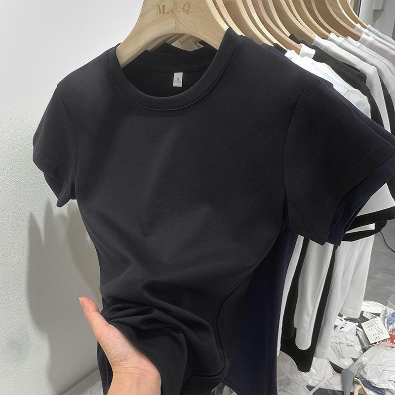 Combed cotton quality summer short-sleeved T-shirt women's inner design crew neck casual top ins