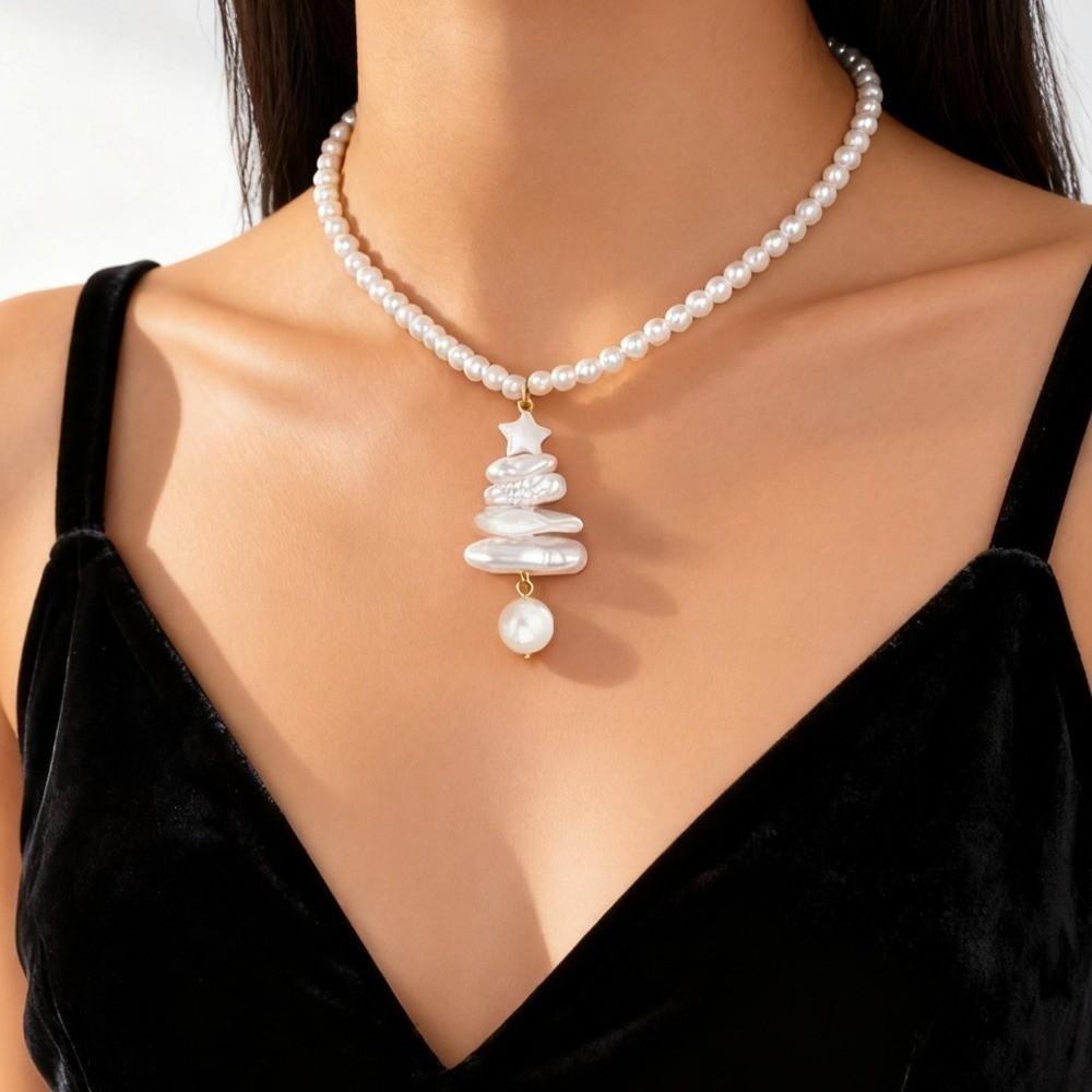 Fashion Pearl Flower Christmas Earrings Snowflake Design Irregular Christmas Tree Necklace White Long Tassel Earrings Women Gift