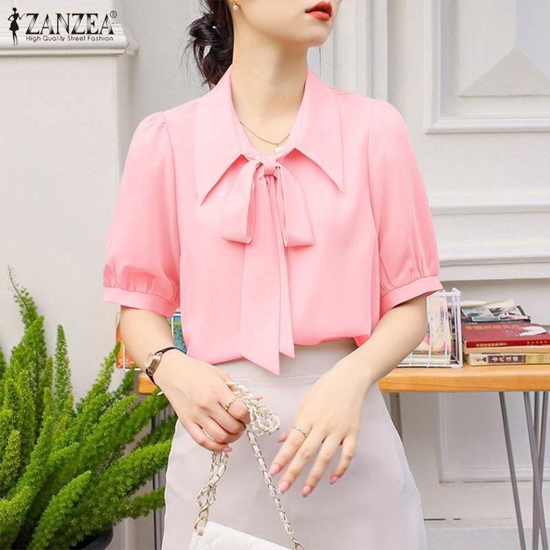 

ZANZEA Women Casual Lace Up Turn Down Collar Loose Short Sleeve Blouse S розовый