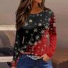 Women's Fashion Casual Slit Hem Round Neck Long Sleeve Loose Christmas Printed T-Shirt Ladies Top