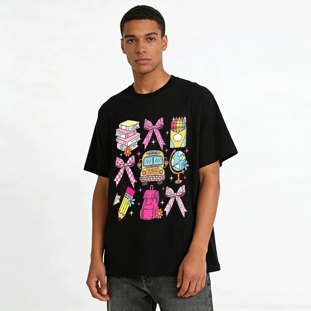 Back To School Bus Stationery Print Casual Top Pure Cotton T-shirt